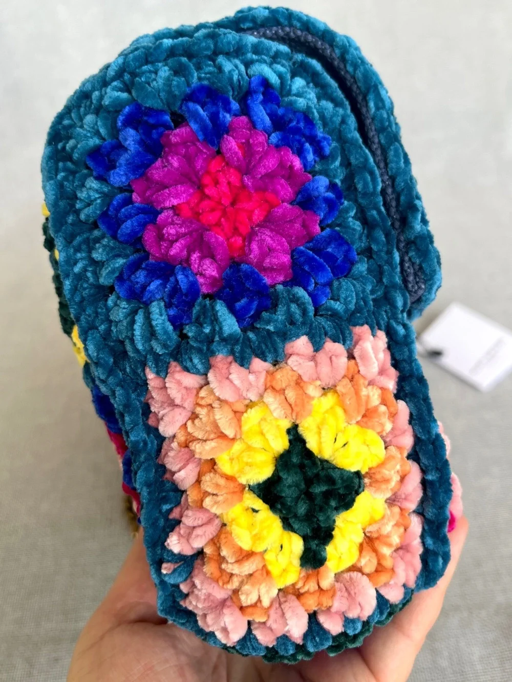 Kurt Geiger Boho Chenille Crochet Patchwork crossbody bag teal, pink yellow blue